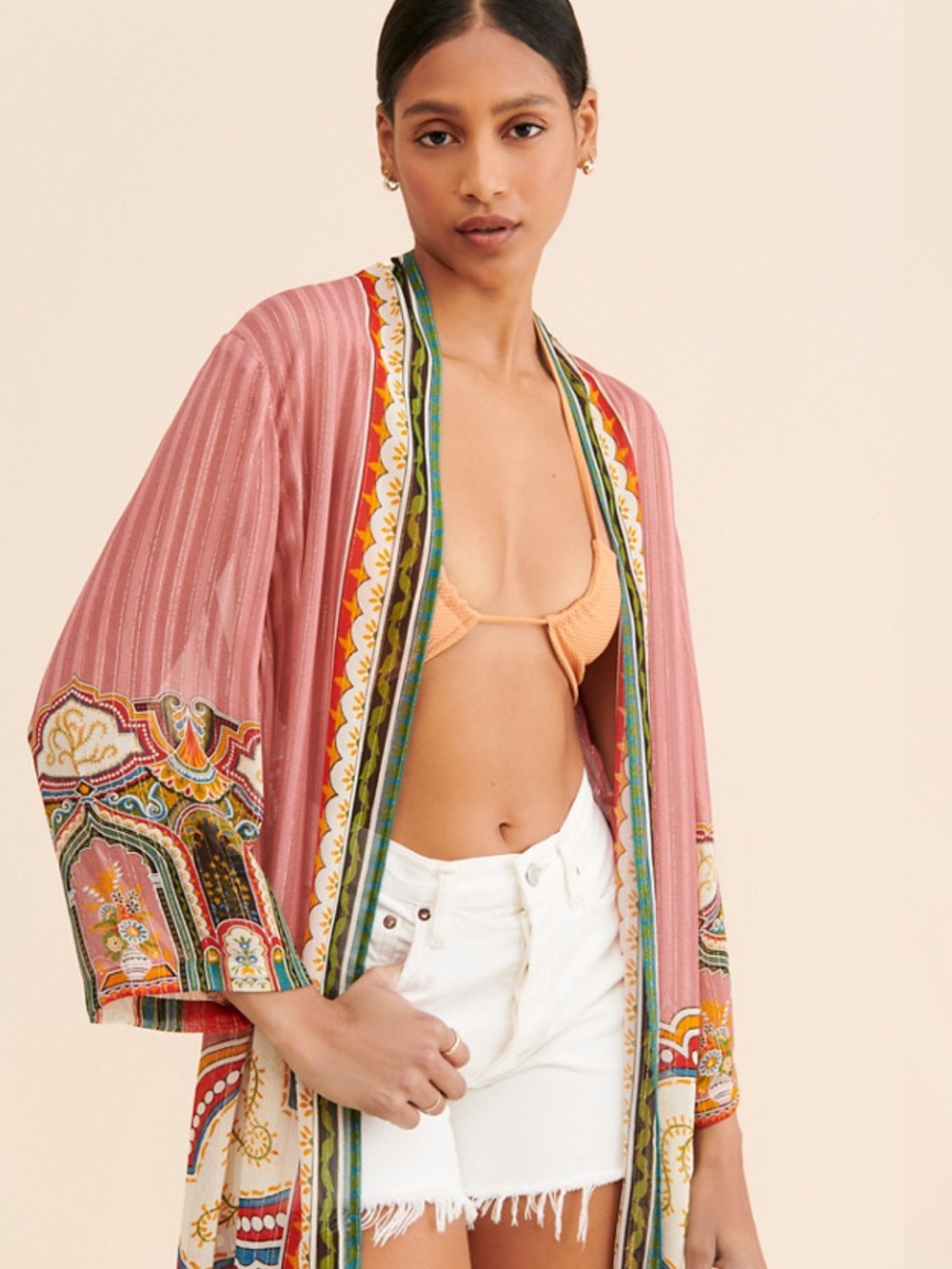 Bl-nk Evy Duster Printed Long Duster Robe with Multicolor Trim Boho - Picture 2 of 9